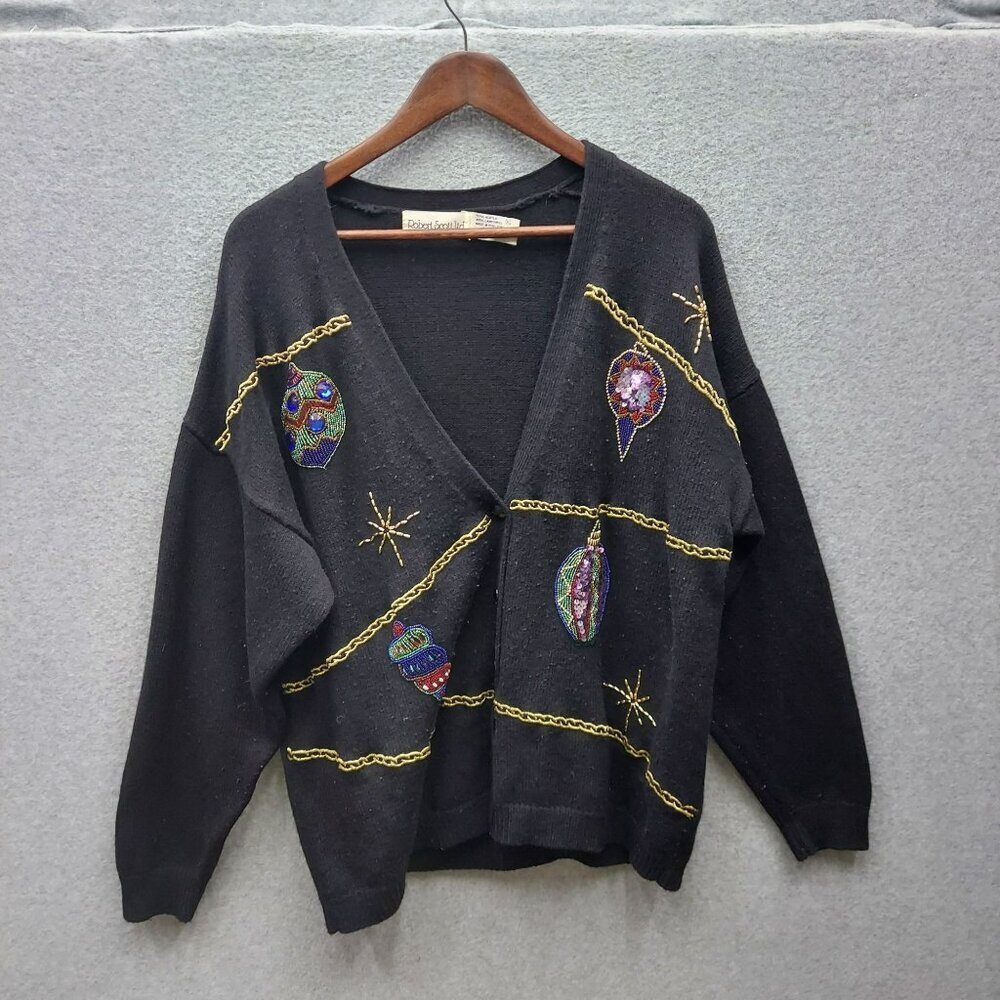 Vintage Robert Scott Ltd Black Cardigan Sweater With Sequin Ornament Design XL 5